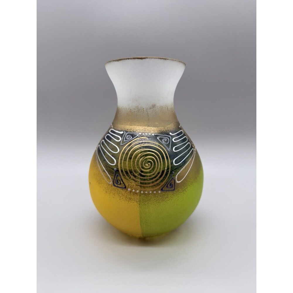 VTG Signed Wizard Studio Art Glass Vase Frosted Chartreuse Yellow Enamel RARE